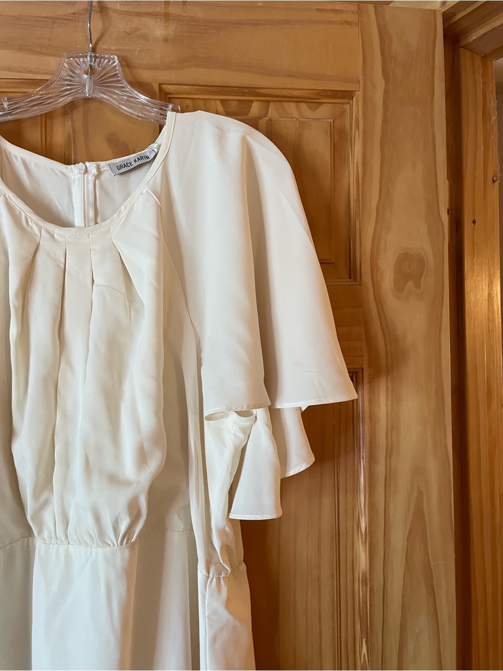Grace Karin Cream Midi Chiffon Dress with Flutter Sleeves with Call Out - Picture 6 of 6